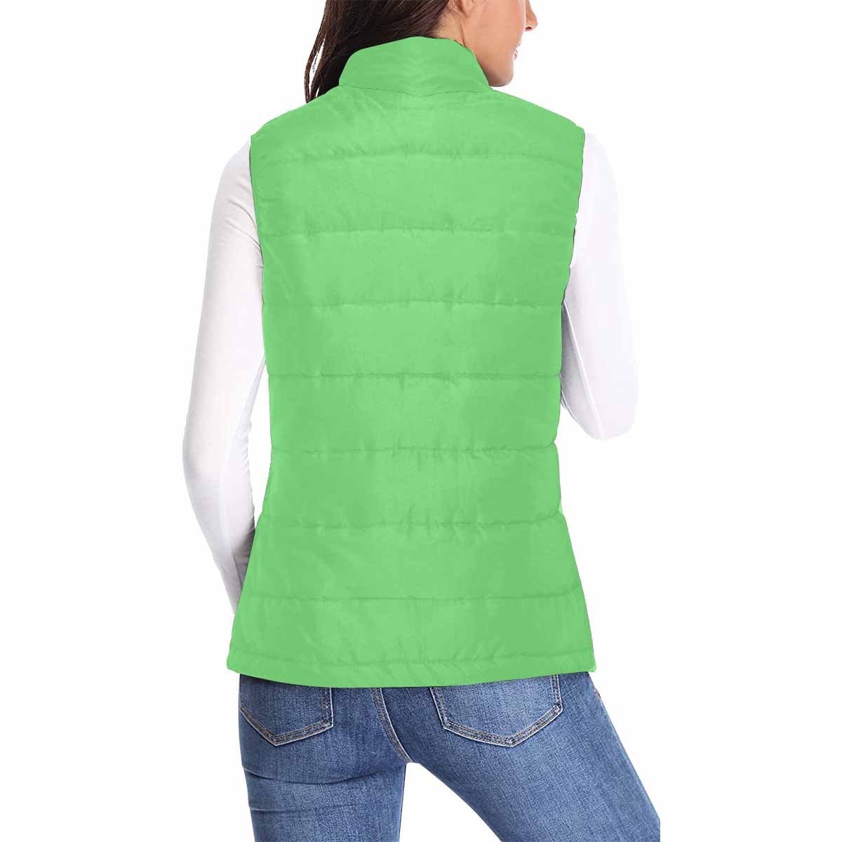 Pastel green women's puffer vest jacket with zipper closure and two large pockets, showcasing a stylish quilted design.