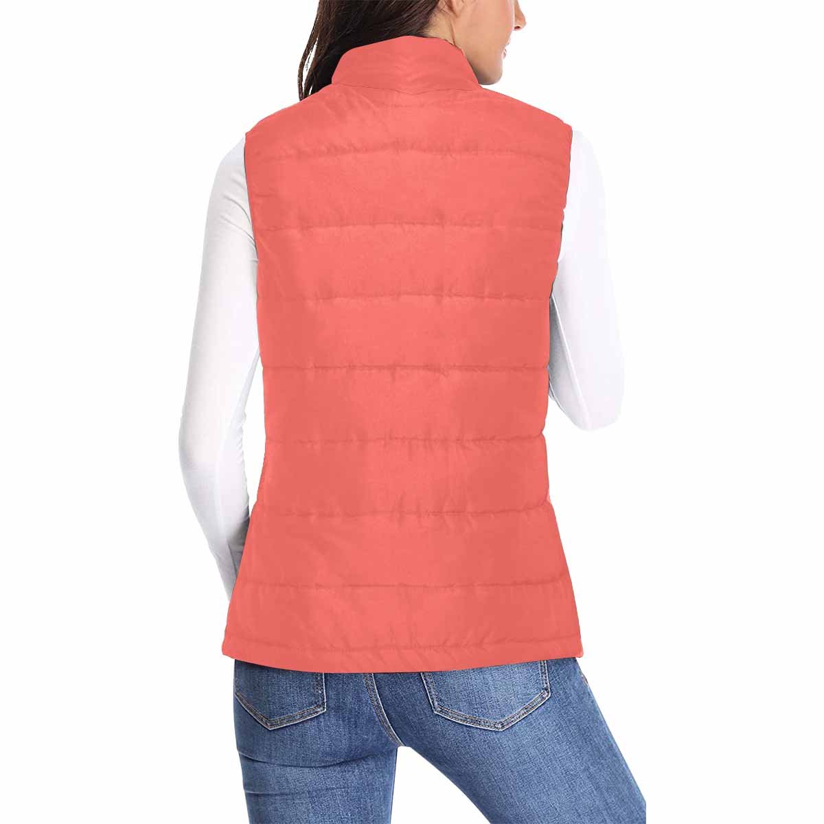 Womens Puffer Vest Jacket in pastel red, featuring a quilted design and zipper closure, perfect for layering and staying warm.