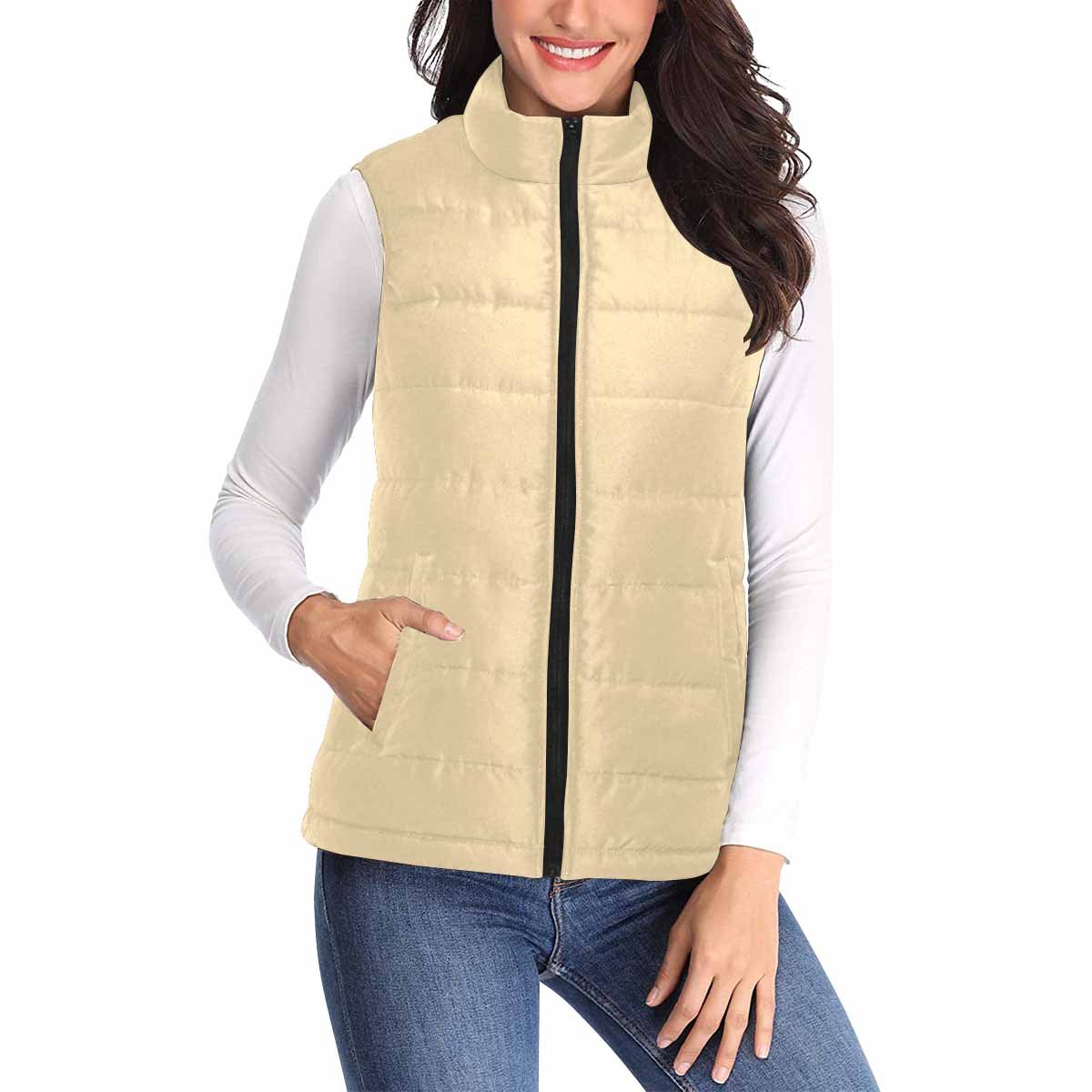 Women's Puffer Vest Jacket in Peach color, featuring a quilted design and zipper closure, perfect for layering in colder weather.