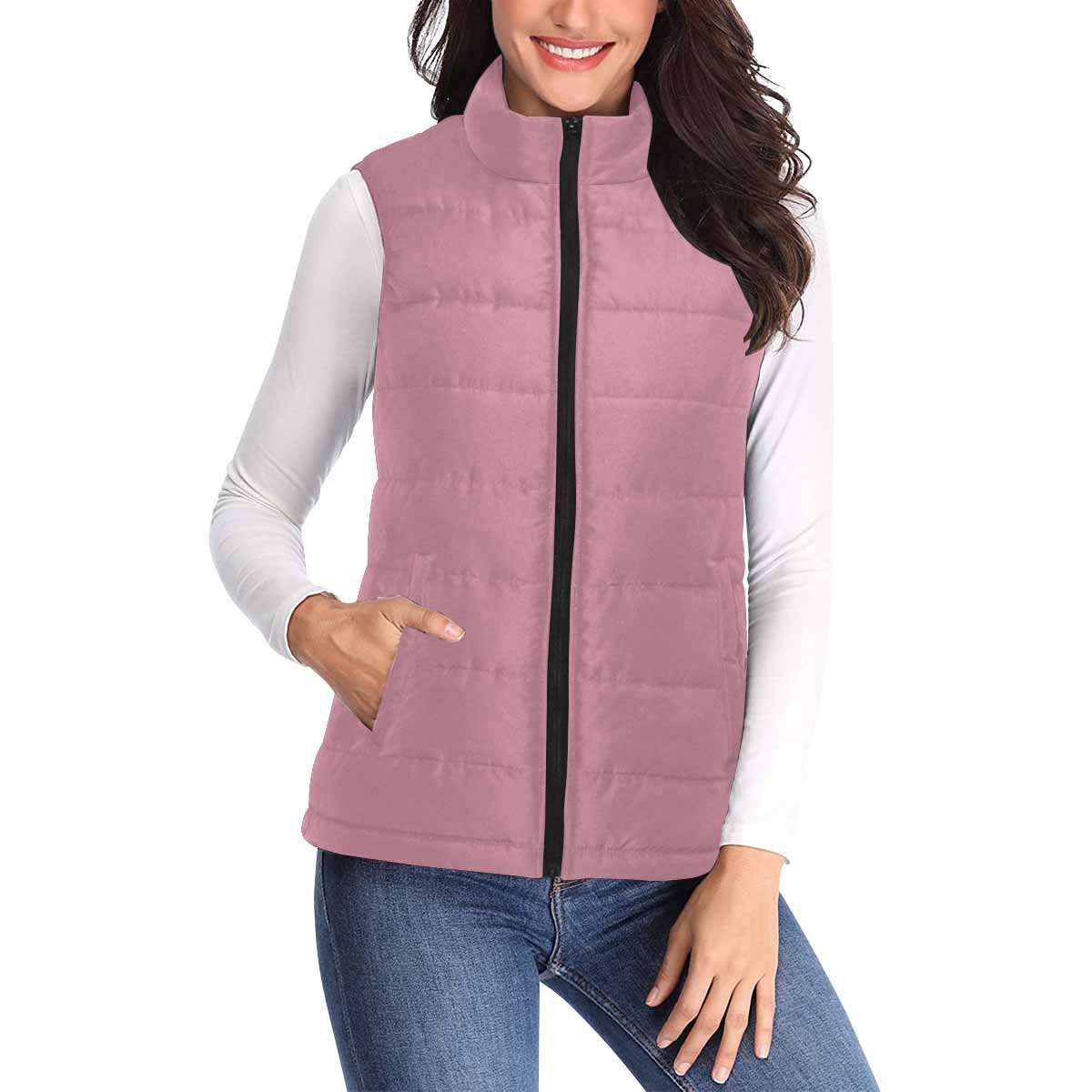 Womens Puffer Vest Jacket in Puce Red, featuring a quilted design and zipper closure, perfect for layering in cold weather.