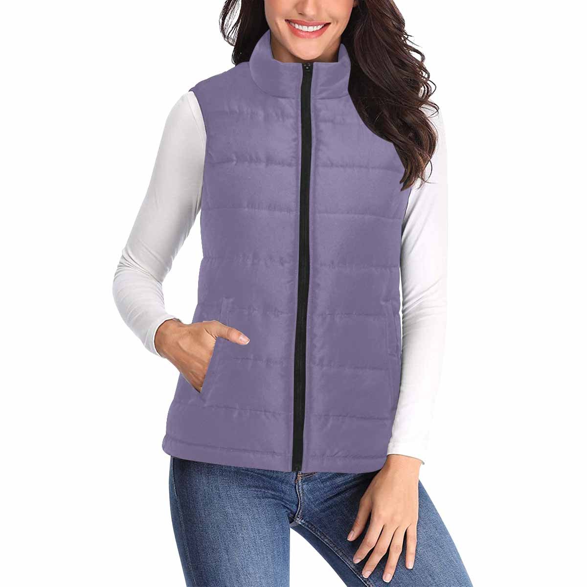 Women's Puffer Vest Jacket in Purple Haze, featuring a quilted design, zipper closure, and large pockets, perfect for stylish warmth.