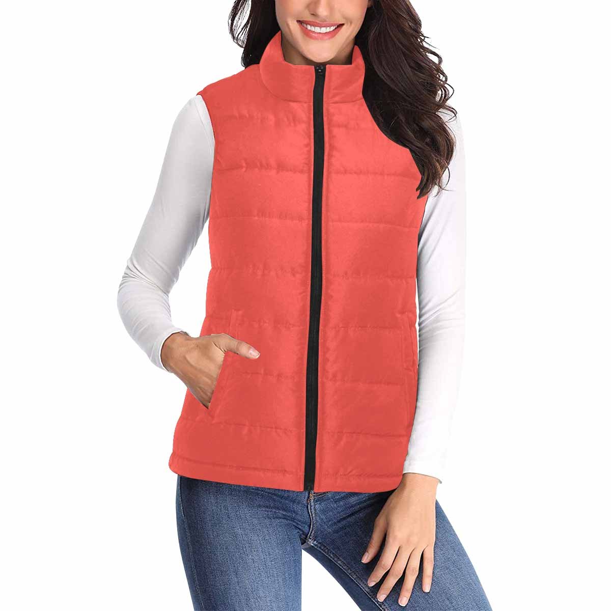 Women's Puffer Vest Jacket in Red Orange, featuring a quilted design and zipper closure, perfect for layering in cooler weather.