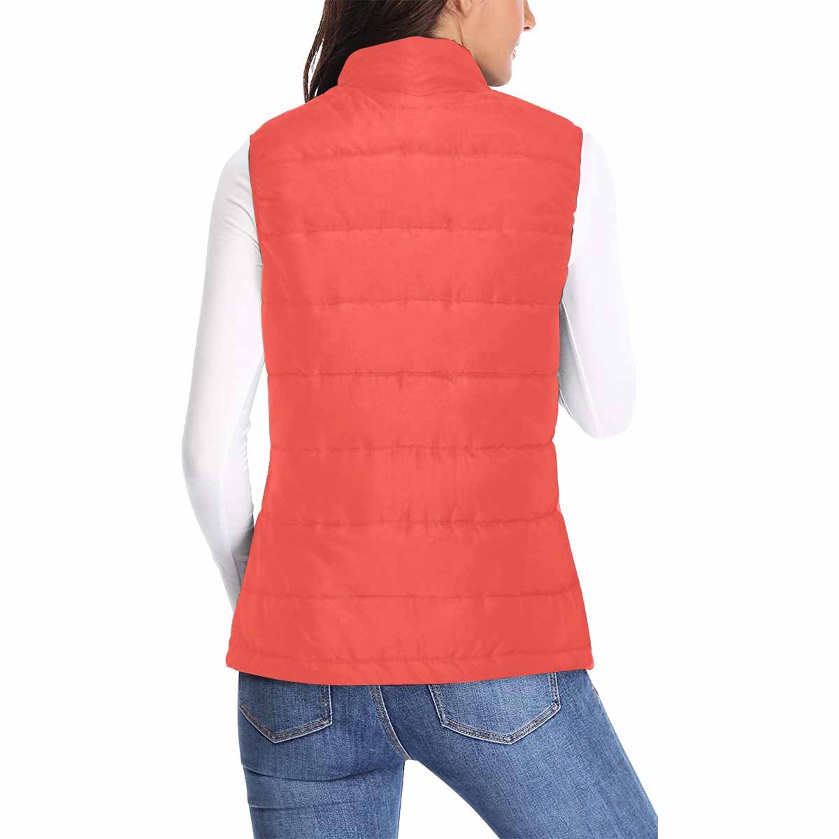 Women's Puffer Vest Jacket in Red Orange, featuring a quilted design and zipper closure, perfect for layering in cooler weather.