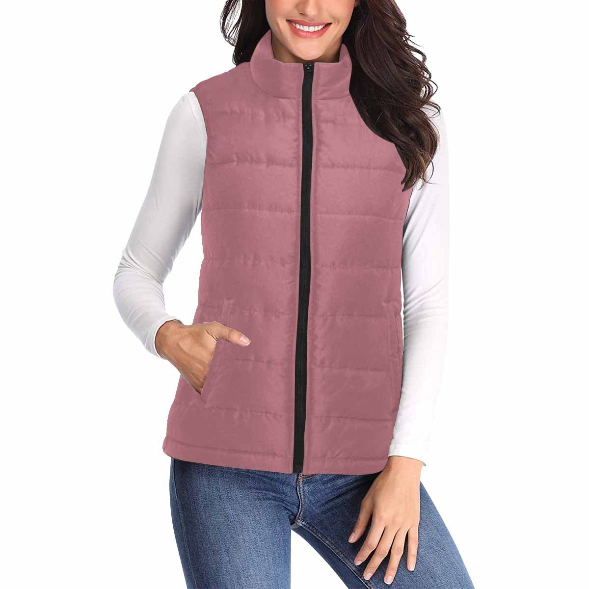 Womens Puffer Vest Jacket in Rose Gold Red, featuring a quilted design and zipper closure, perfect for stylish layering.