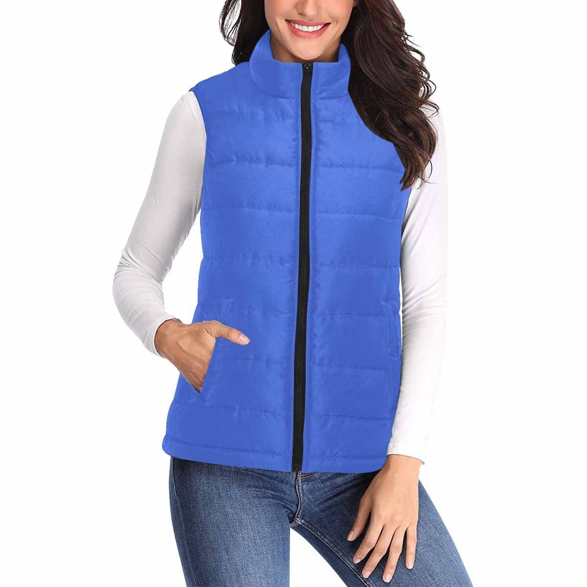 Women's Royal Blue Puffer Vest Jacket featuring a quilted design and zipper closure, perfect for layering and staying warm.