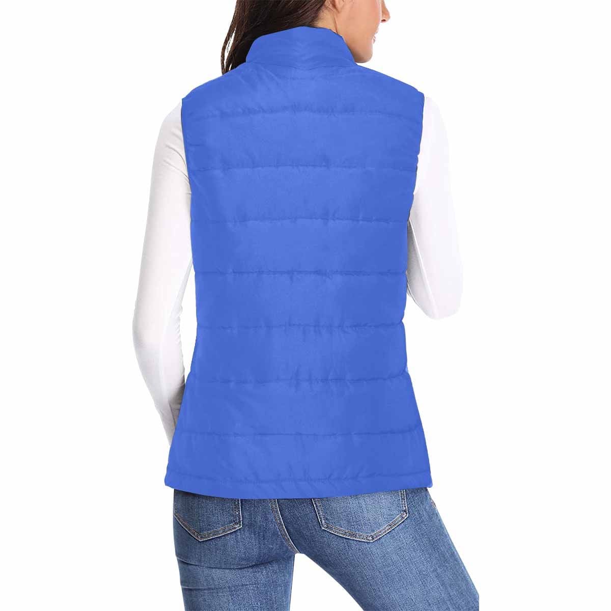 Women's Royal Blue Puffer Vest Jacket featuring a quilted design and zipper closure, perfect for layering and staying warm.