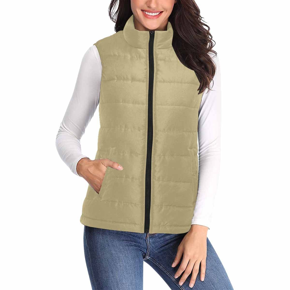 Women's Puffer Vest Jacket in Sand Dollar Brown, featuring a quilted design and zipper closure, perfect for layering and staying warm.