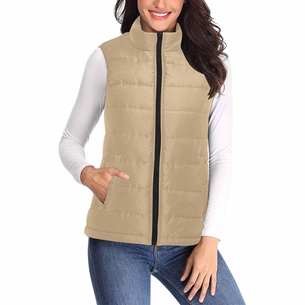 Womens Puffer Vest Jacket in Tan Brown, featuring a quilted design and zipper closure, perfect for layering in cold weather.