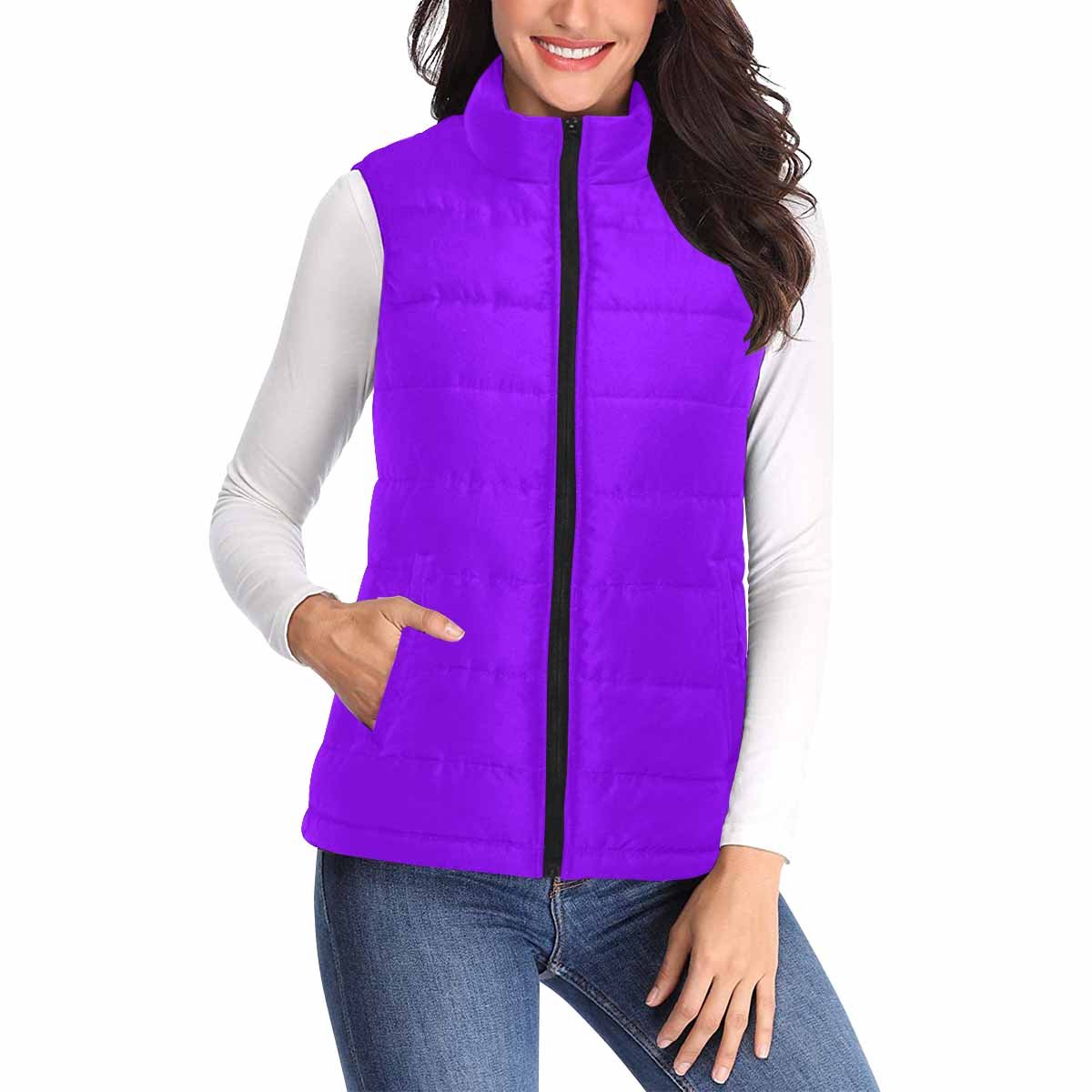 Women's Violet Puffer Vest Jacket with zipper closure and large pockets, showcasing a stylish quilted design.