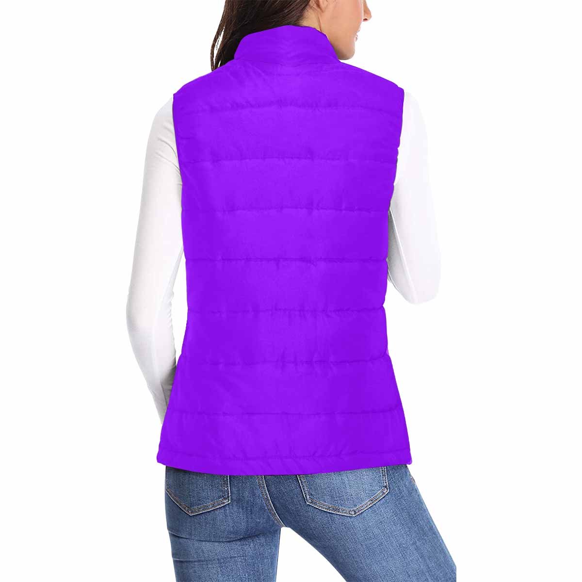 Women's Violet Puffer Vest Jacket with zipper closure and large pockets, showcasing a stylish quilted design.