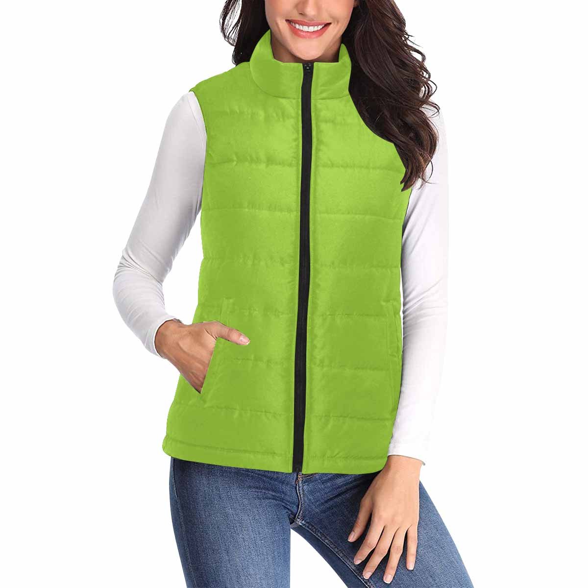 Women's Puffer Vest Jacket in Yellow Green, featuring a quilted design and zipper closure, perfect for layering and outdoor activities.