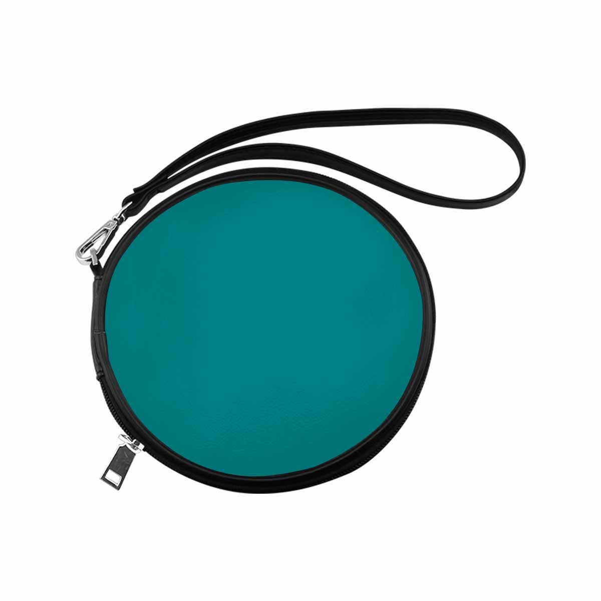 Womens Round Handbag in Dark Teal Green made of high-grade PU leather with a wristlet strap.