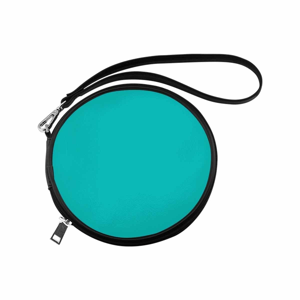 A stylish greenish blue womens round handbag made of high-grade PU leather with a wristlet strap.