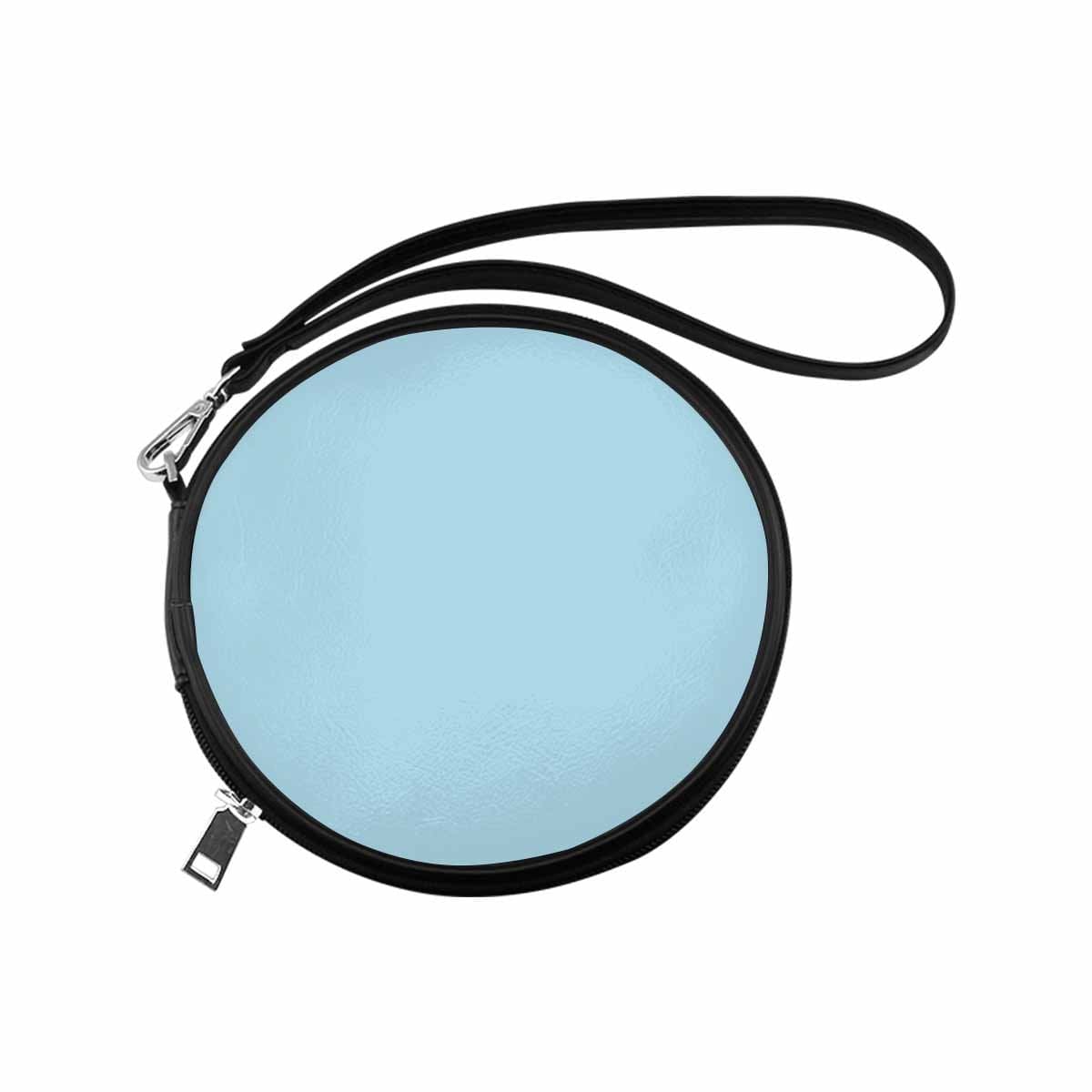 Light blue women's round handbag made of high-grade PU leather with a wristlet strap, featuring one-side printing design.