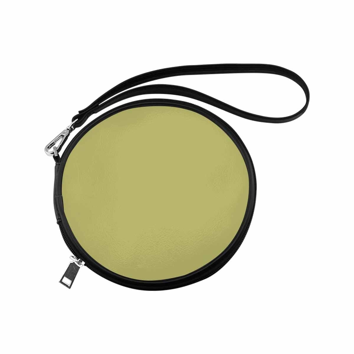 Olive green womens round handbag made of high-grade PU leather with a wristlet strap.