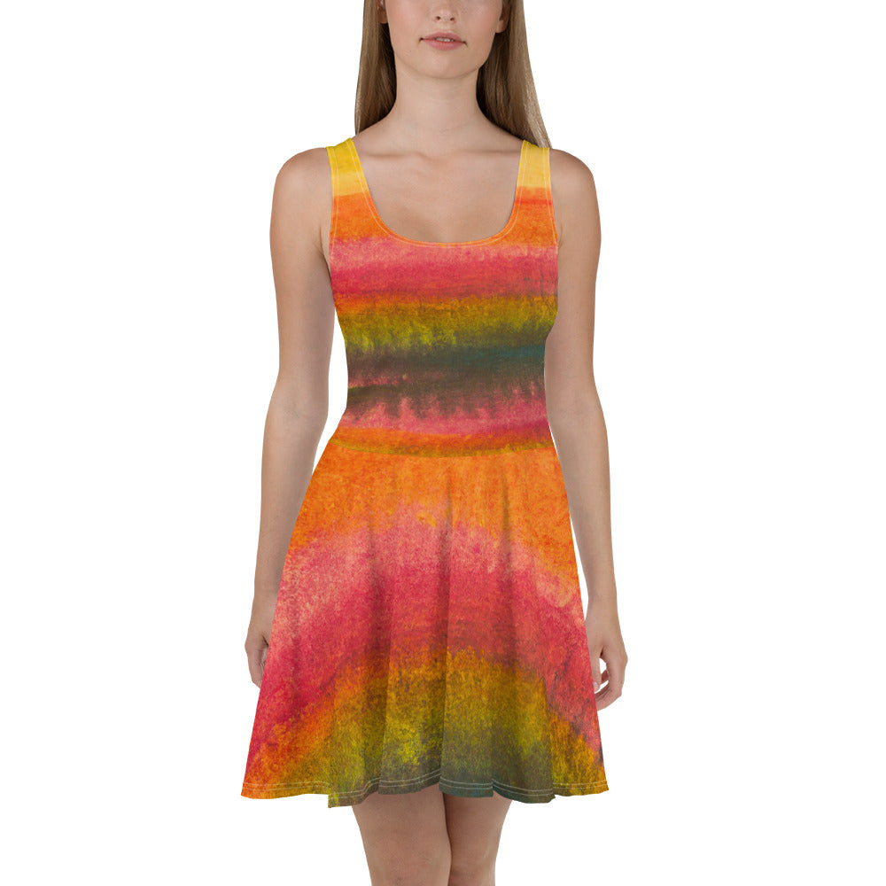 A stylish women's skater dress featuring an Autumn Fall Watercolor Abstract Print, showcasing a flattering A-line silhouette and vibrant colors.