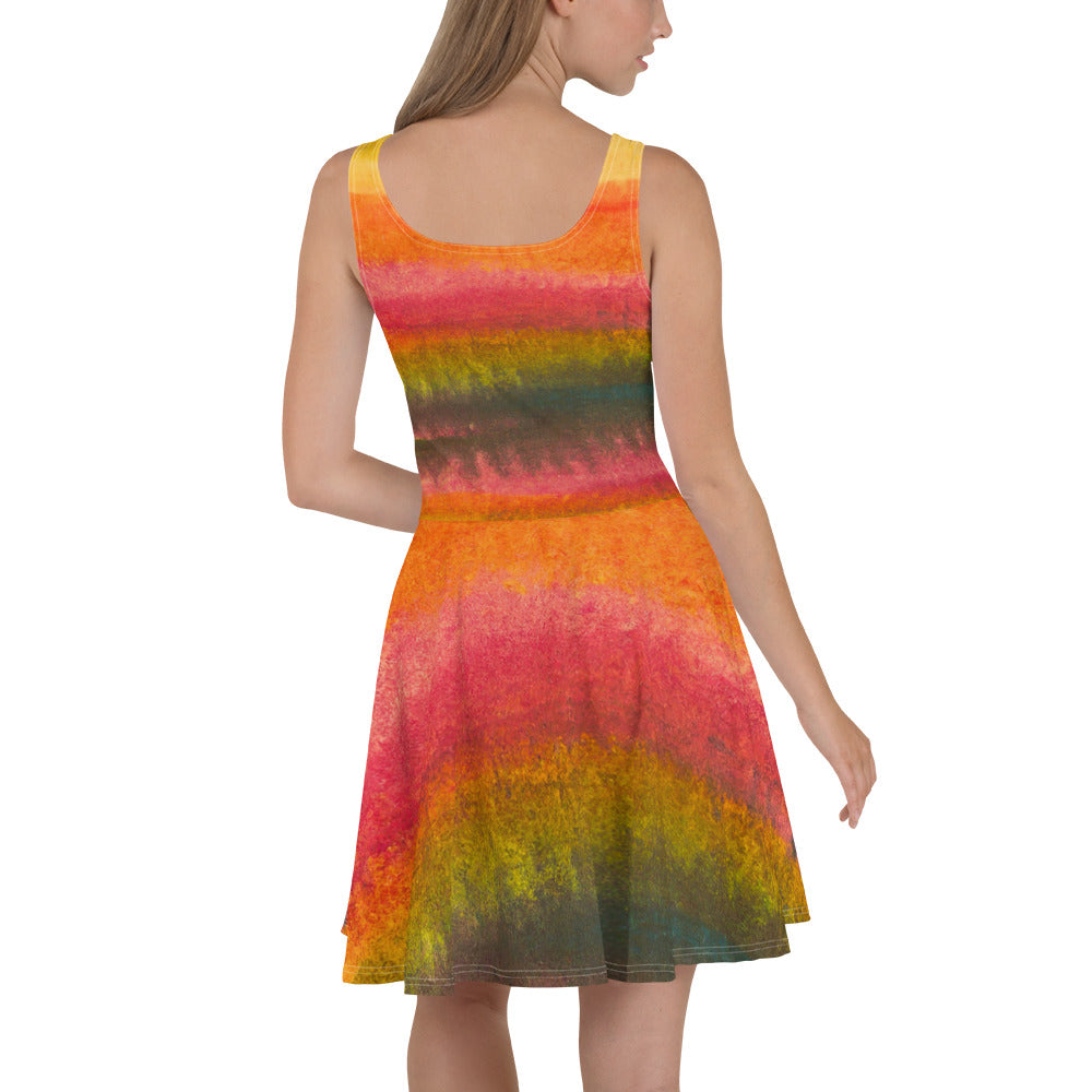 A stylish women's skater dress featuring an Autumn Fall Watercolor Abstract Print, showcasing a flattering A-line silhouette and vibrant colors.