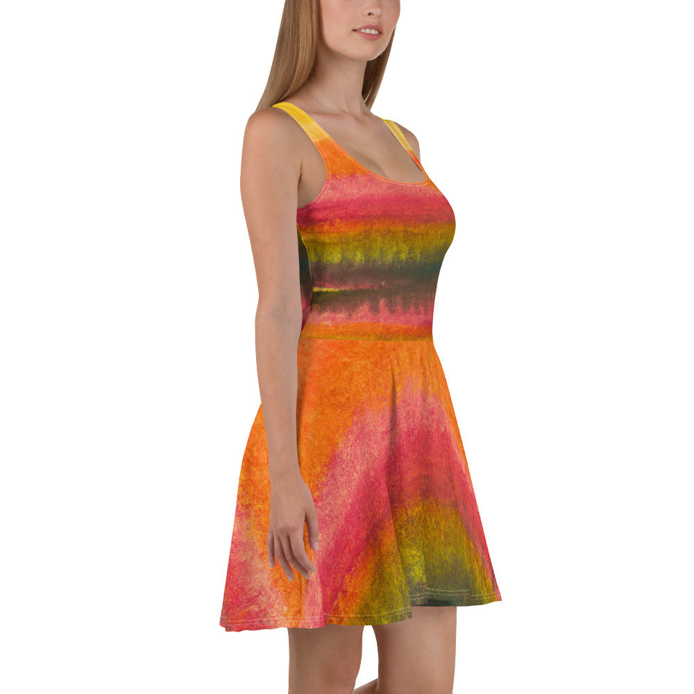 A stylish women's skater dress featuring an Autumn Fall Watercolor Abstract Print, showcasing a flattering A-line silhouette and vibrant colors.