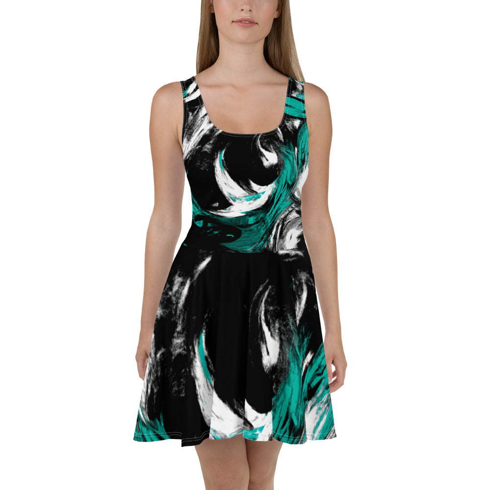 Women's skater dress featuring a black, green, and white abstract pattern, showcasing a flattering A-line silhouette and sleeveless design.