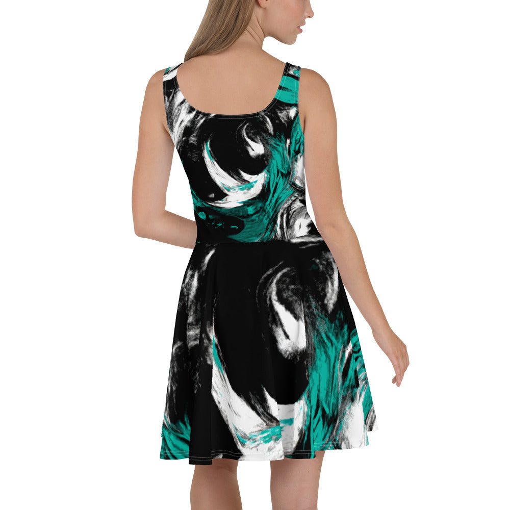 Women's skater dress featuring a black, green, and white abstract pattern, showcasing a flattering A-line silhouette and sleeveless design.