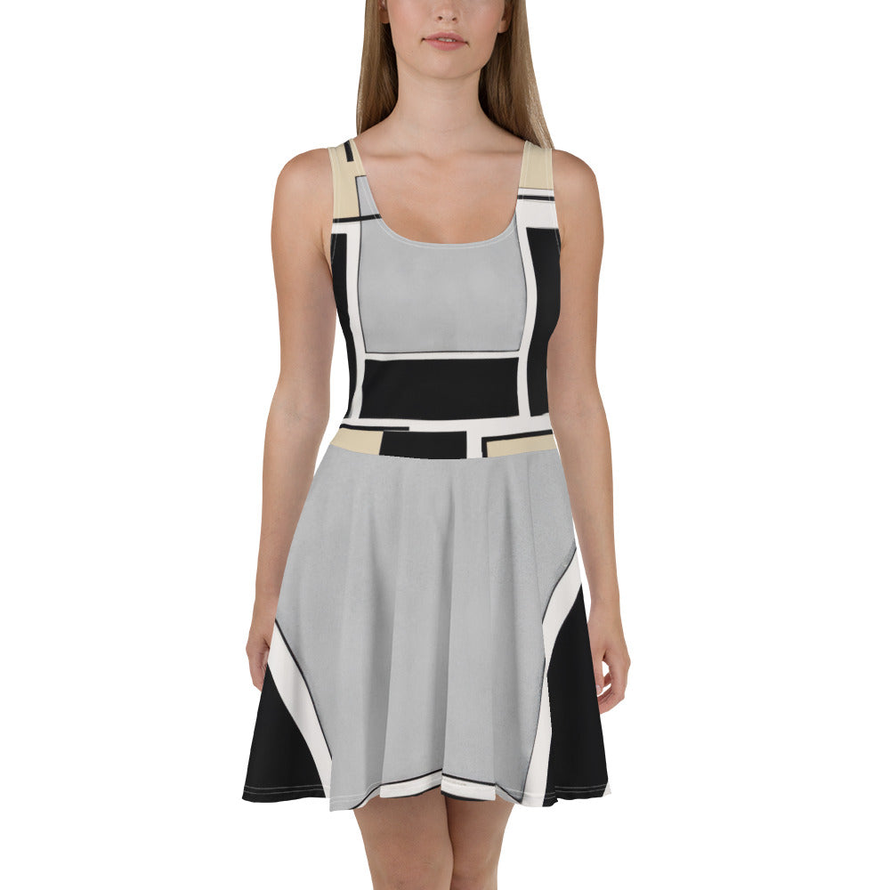 Women's skater dress featuring a black and grey abstract pattern, showcasing a flattering A-line silhouette and sleeveless design.