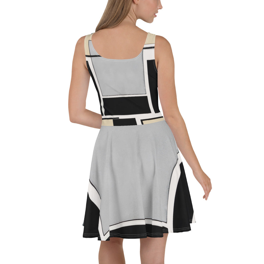 Women's skater dress featuring a black and grey abstract pattern, showcasing a flattering A-line silhouette and sleeveless design.