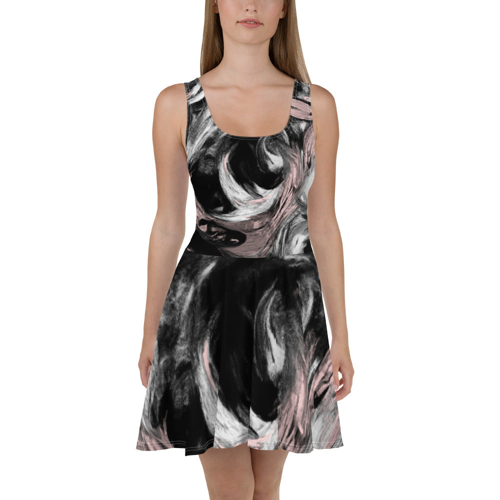 Women's skater dress featuring a black, pink, and white abstract pattern, showcasing a flattering A-line silhouette and sleeveless design.