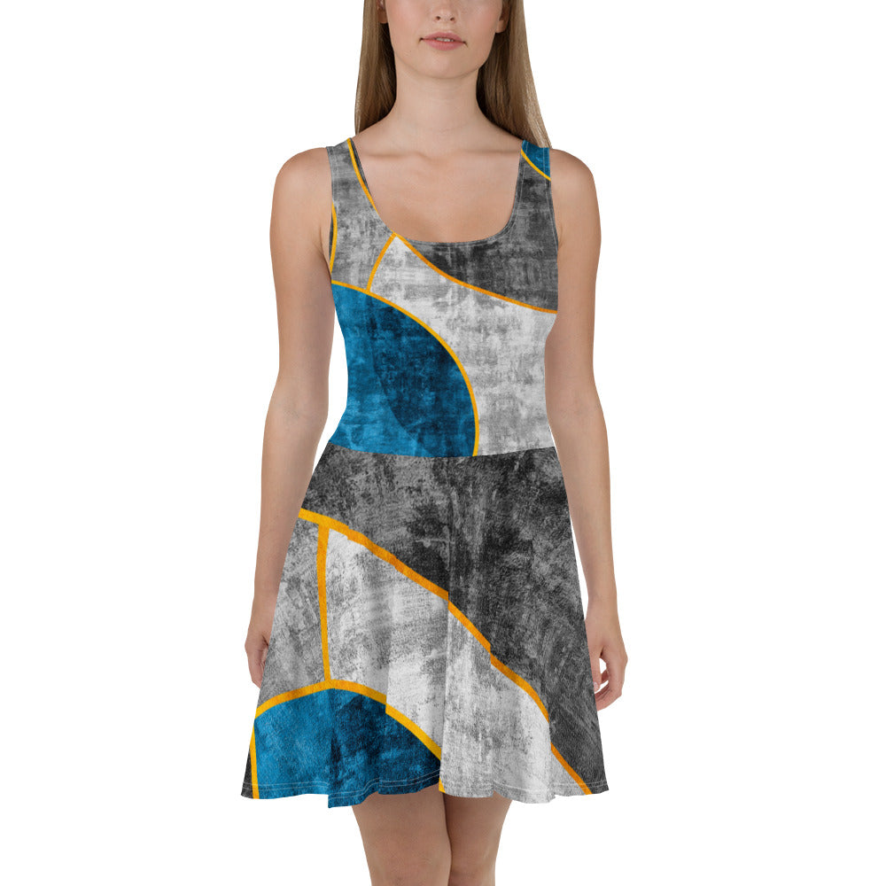 A stylish women's skater dress in blue grey, featuring a flattering A-line silhouette and sleeveless design, perfect for various occasions.