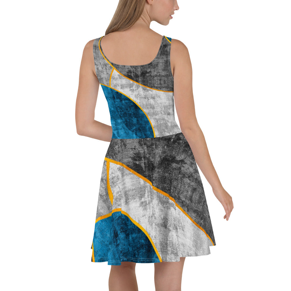 A stylish women's skater dress in blue grey, featuring a flattering A-line silhouette and sleeveless design, perfect for various occasions.