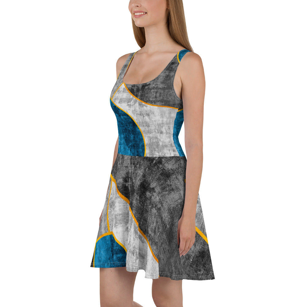 A stylish women's skater dress in blue grey, featuring a flattering A-line silhouette and sleeveless design, perfect for various occasions.