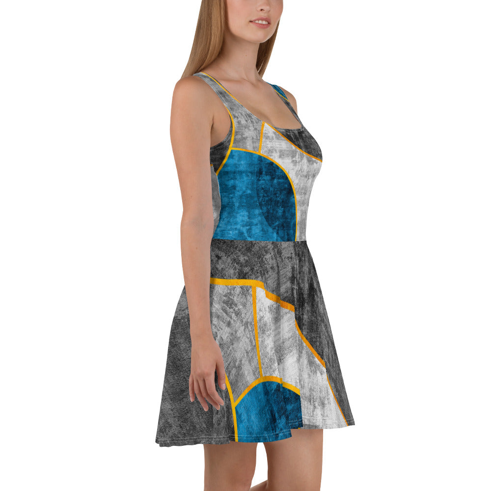 A stylish women's skater dress in blue grey, featuring a flattering A-line silhouette and sleeveless design, perfect for various occasions.