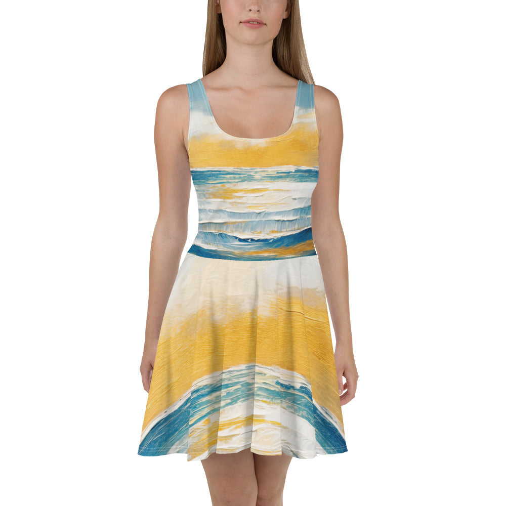 A stylish women's skater dress featuring a Blue Ocean Golden Sunset Print, showcasing a flattering A-line silhouette and sleeveless design.