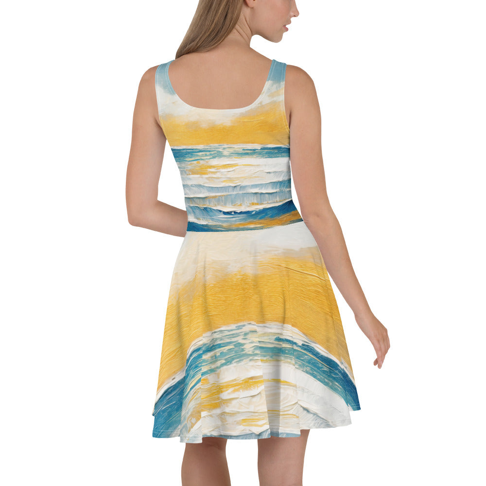 A stylish women's skater dress featuring a Blue Ocean Golden Sunset Print, showcasing a flattering A-line silhouette and sleeveless design.