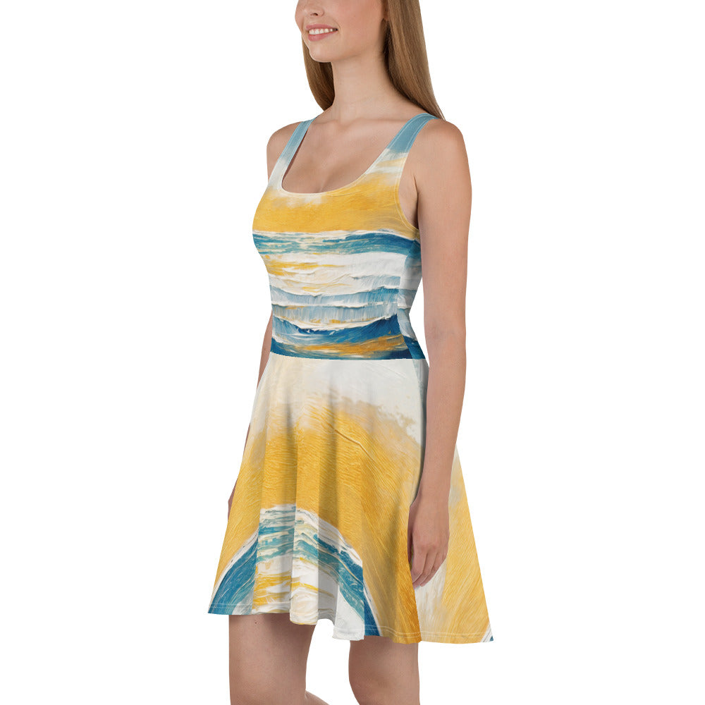 A stylish women's skater dress featuring a Blue Ocean Golden Sunset Print, showcasing a flattering A-line silhouette and sleeveless design.