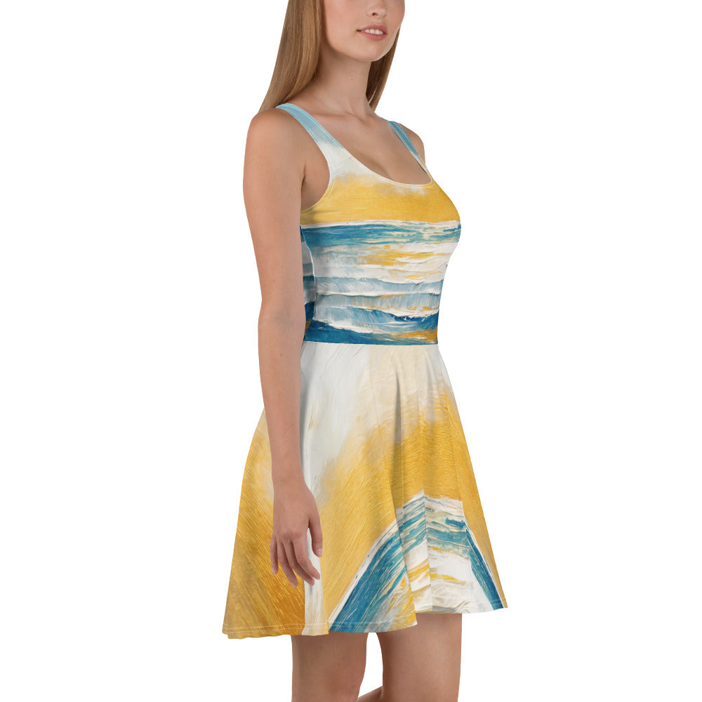 A stylish women's skater dress featuring a Blue Ocean Golden Sunset Print, showcasing a flattering A-line silhouette and sleeveless design.