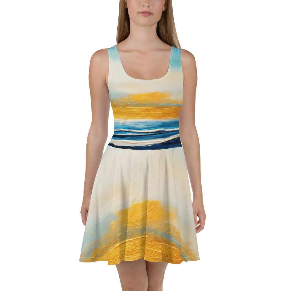 A stylish women's skater dress featuring a Blue Ocean Golden Sunset Print, showcasing a flattering A-line silhouette and sleeveless design.