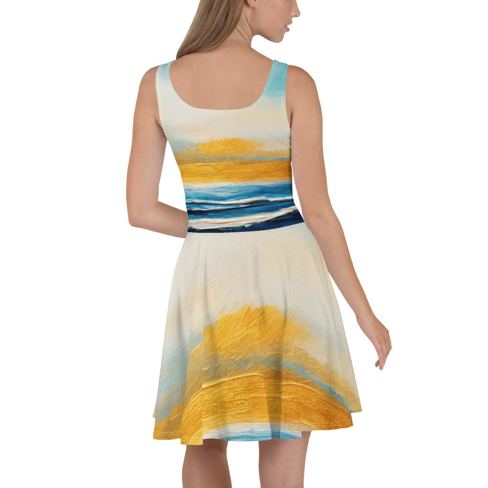 A stylish women's skater dress featuring a Blue Ocean Golden Sunset Print, showcasing a flattering A-line silhouette and sleeveless design.