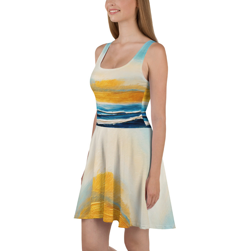 A stylish women's skater dress featuring a Blue Ocean Golden Sunset Print, showcasing a flattering A-line silhouette and sleeveless design.