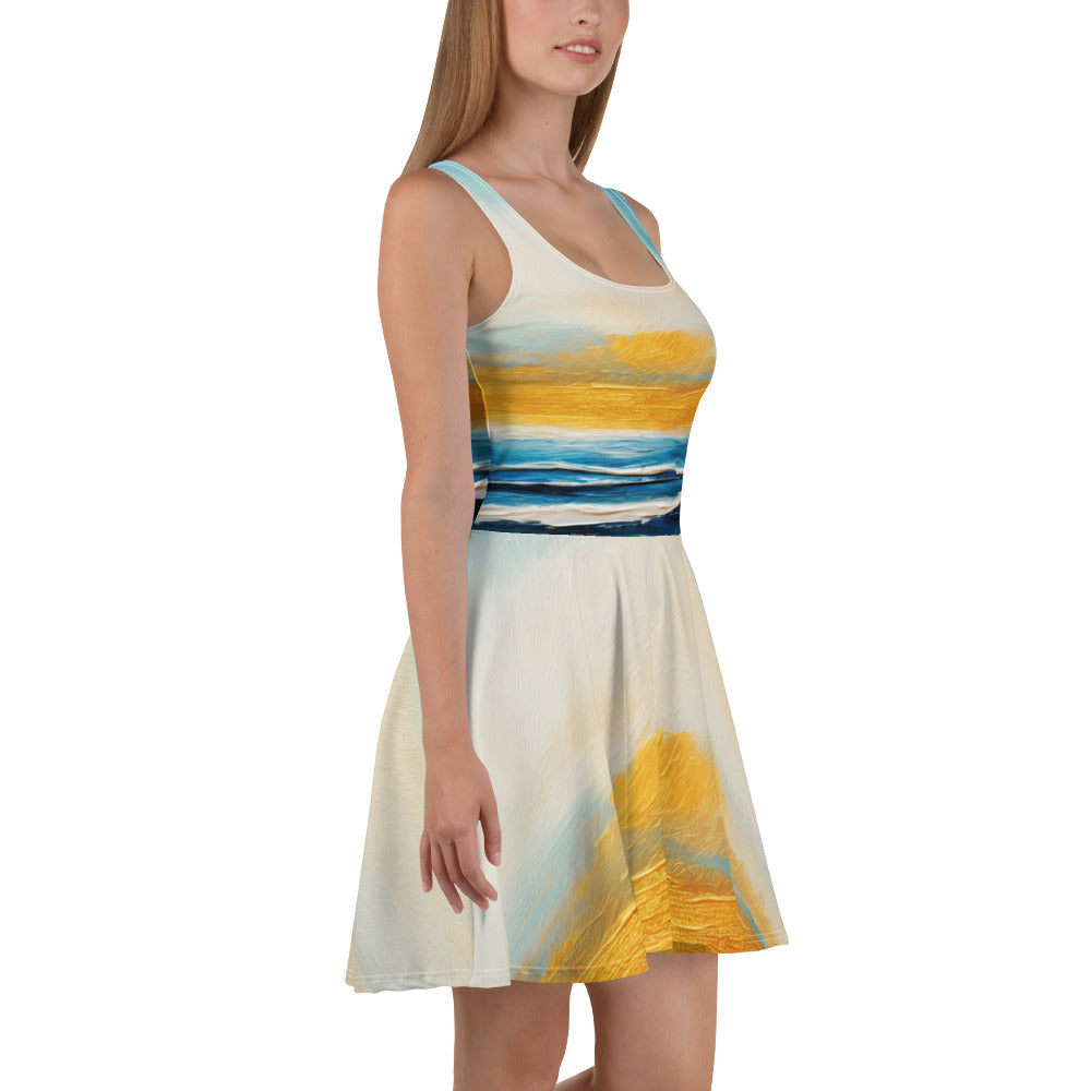 A stylish women's skater dress featuring a Blue Ocean Golden Sunset Print, showcasing a flattering A-line silhouette and sleeveless design.