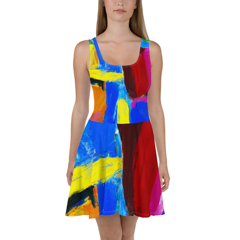 A stylish women's skater dress featuring a blue and red abstract pattern, showcasing a flattering A-line silhouette and sleeveless design.