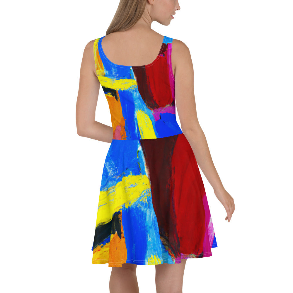 A stylish women's skater dress featuring a blue and red abstract pattern, showcasing a flattering A-line silhouette and sleeveless design.