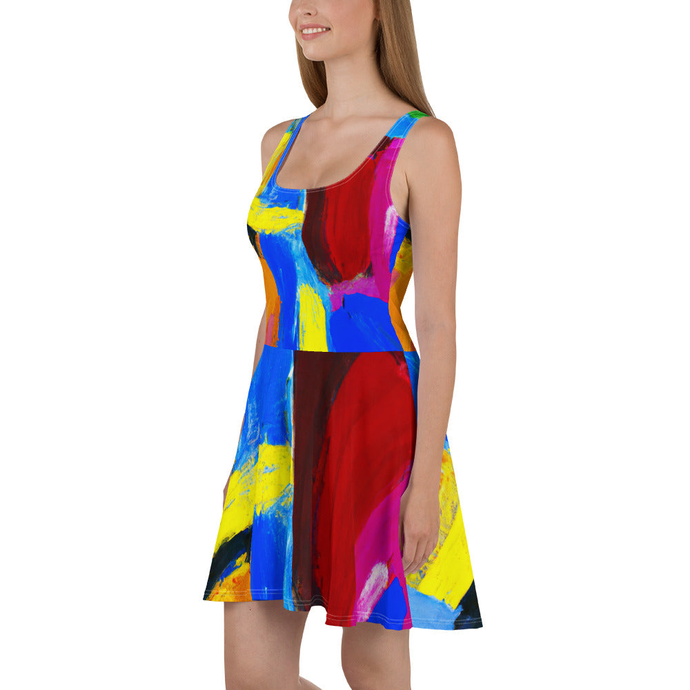 A stylish women's skater dress featuring a blue and red abstract pattern, showcasing a flattering A-line silhouette and sleeveless design.