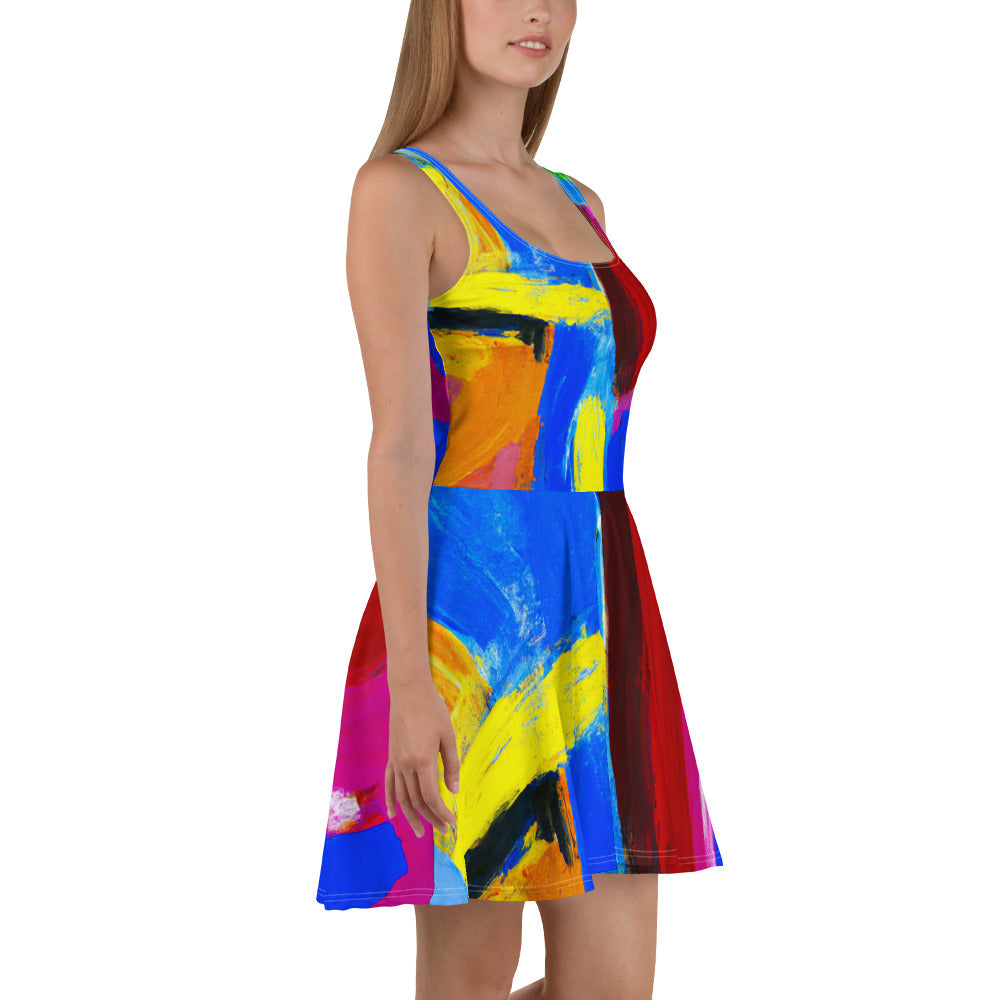 A stylish women's skater dress featuring a blue and red abstract pattern, showcasing a flattering A-line silhouette and sleeveless design.