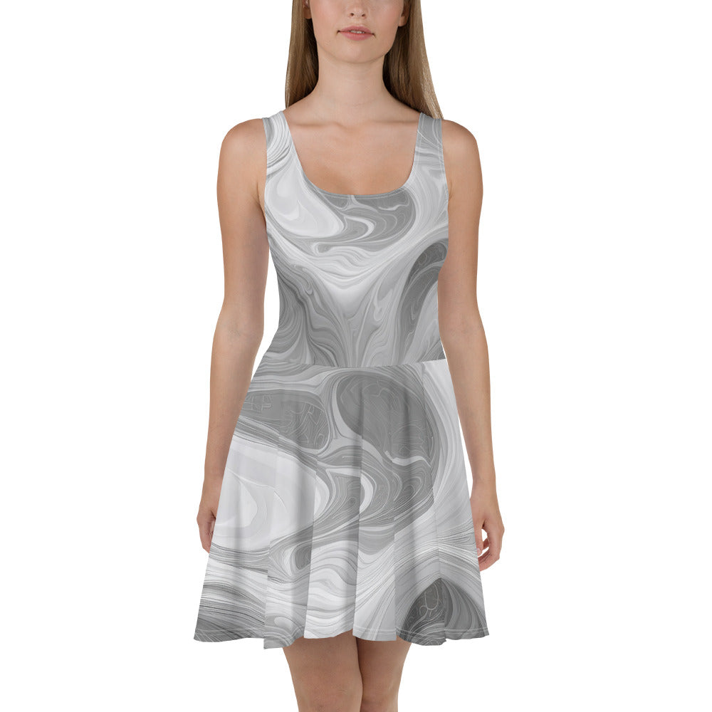 Women's skater dress featuring a Boho marble pattern in white and grey, showcasing a flattering A-line silhouette and sleeveless design.