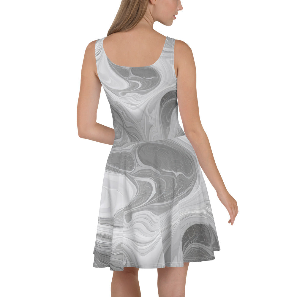 Women's skater dress featuring a Boho marble pattern in white and grey, showcasing a flattering A-line silhouette and sleeveless design.