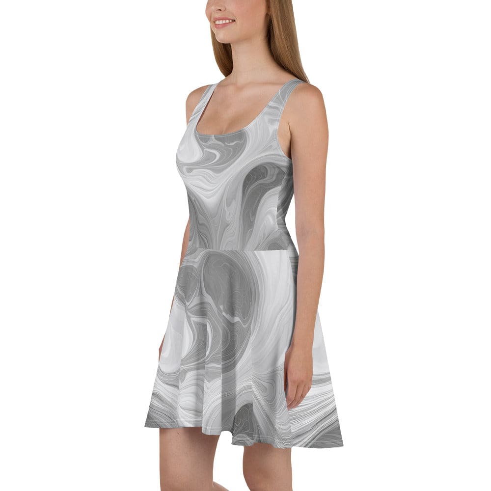 Women's skater dress featuring a Boho marble pattern in white and grey, showcasing a flattering A-line silhouette and sleeveless design.