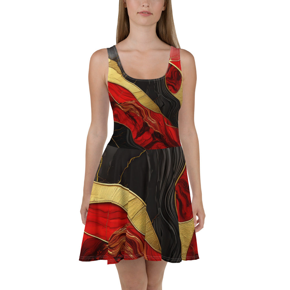 Women's skater dress featuring a bold red and gold tones print, with a flattering A-line silhouette and sleeveless design.