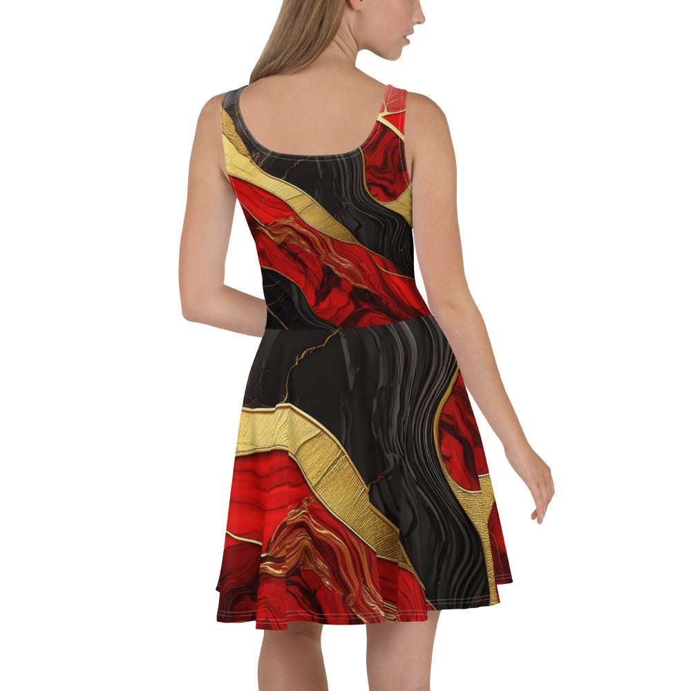 Women's skater dress featuring a bold red and gold tones print, with a flattering A-line silhouette and sleeveless design.