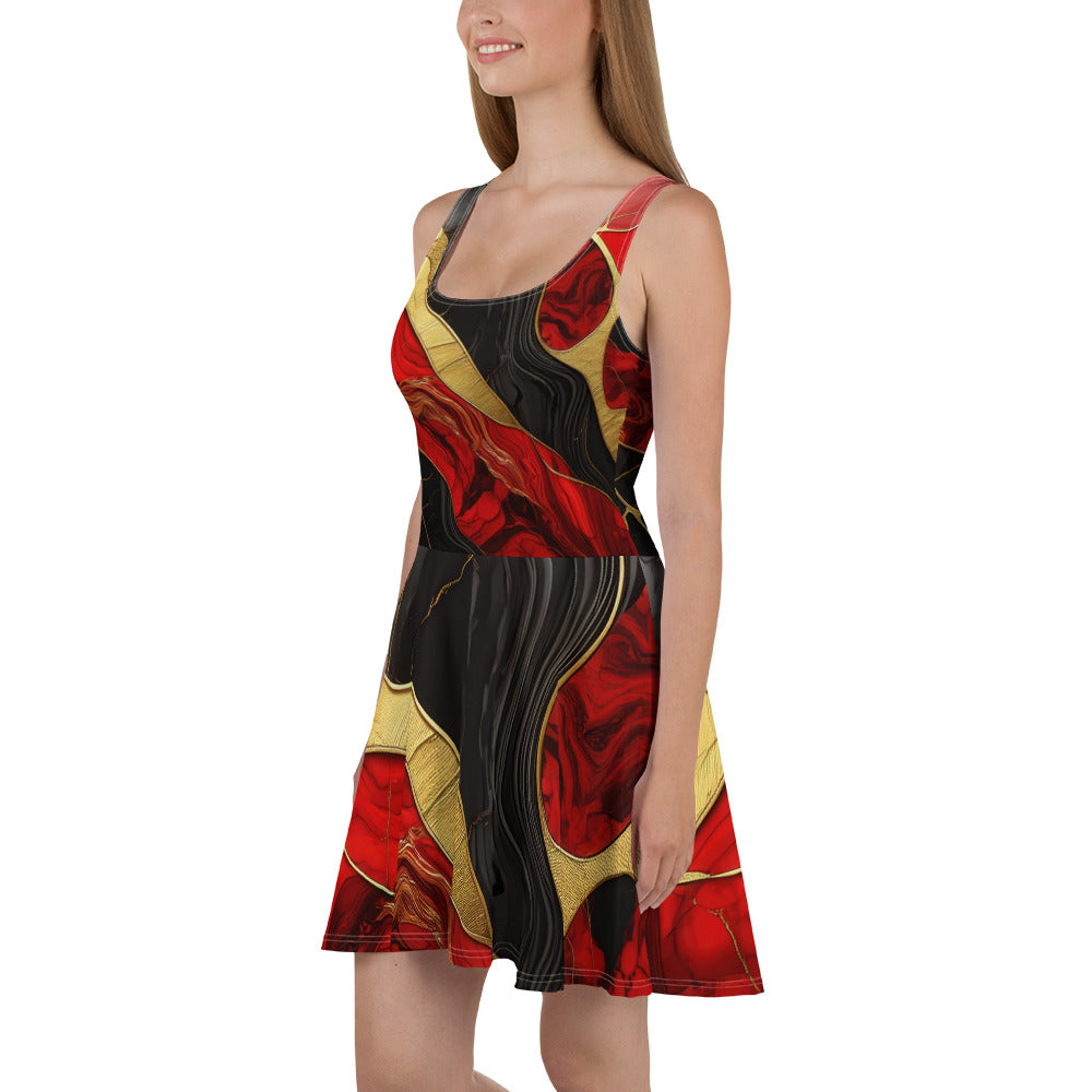 Women's skater dress featuring a bold red and gold tones print, with a flattering A-line silhouette and sleeveless design.