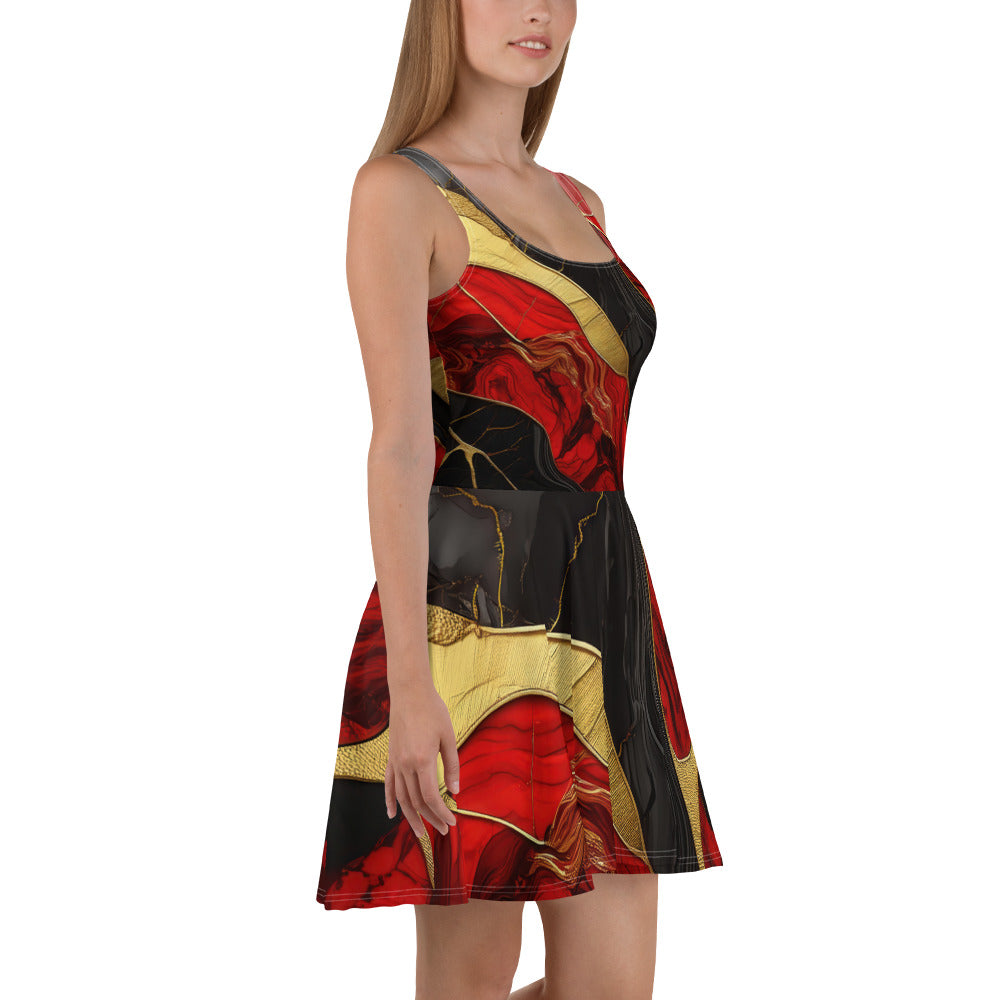 Women's skater dress featuring a bold red and gold tones print, with a flattering A-line silhouette and sleeveless design.